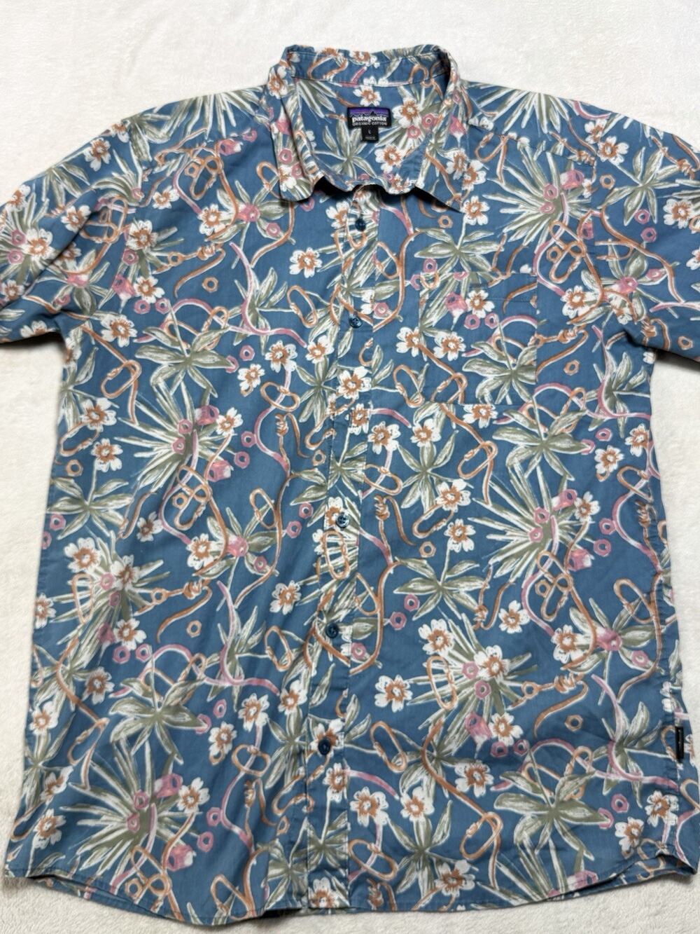 Patagonia Go To Shirt Mens L Floral Blue Organic Cotton Short Sleeve Camp Sz L